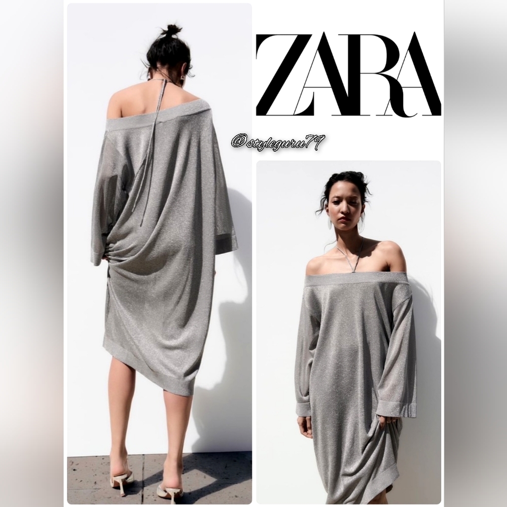 NWT, ZARA, KNIT METALLIC SHIMMER HALTER MIDI DRESS IN SILVER - Picture 3 of 3